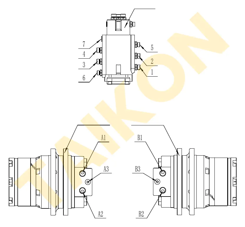Hoses: rotary joint – travel motors — TAIKON KT18 Pro (D902)
