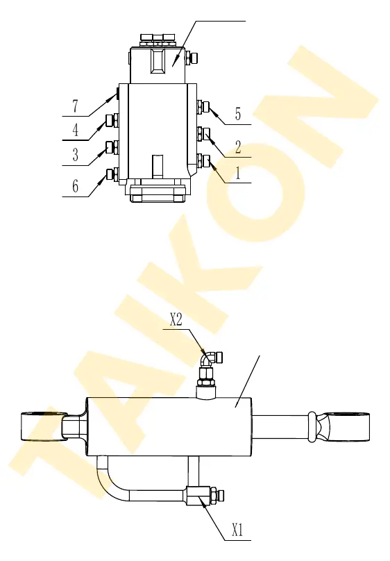 Hoses: rotary joint – dozer cylinder — TAIKON KT18 Pro (D902)